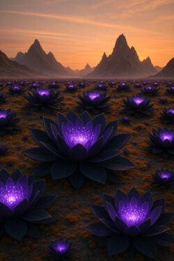 Ein weites Feld mit riesigen, violett leuchtenden Lotusblüten erstreckt sich bis zum Horizont. Hinter ihnen erheben sich dunkle, gezackte Berge, während der Himmel in warmem Orange leuchtet. Die Szene wirkt magisch und still, als wäre die Landschaft selbst in Meditation versunken.