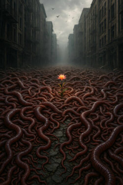 Eine einzelne, leuchtende Blume wächst aus dem Riss einer trostlosen Straße, die von wimmelnden Würmern bedeckt ist. Verlassene, graue Häuser säumen die Szenerie, während Nebel die Ferne verhüllt. Das Bild strahlt eine Mischung aus Hoffnung und Bedrohung aus.