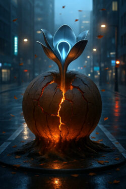 Mitten in einer regnerischen, verlassenen Stadt erhebt sich eine riesige Kugel, aus deren Rissen glühende Lava schimmert. Aus der Kugel wächst eine leuchtende, futuristische Blume, die den Nebel der Nacht durchbricht. Herbstblätter wirbeln durch die Luft und betonen die melancholische Atmosphäre.