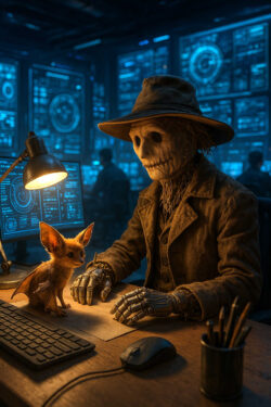 Ein Vogelscheuchen-ähnliches Wesen mit Metallhänden sitzt an einem Schreibtisch in einem futuristischen Kontrollraum. Neben ihm sitzt ein kleines Fledermauswesen. Die warme Lampe kontrastiert mit den blauen Monitoren im Hintergrund.