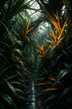 Hohe, scharfkantige Pflanzen mit orange leuchtenden Blüten füllen einen feuchten, schattigen Gang. Im Hintergrund ist eine gläserne Struktur zu erkennen, die das Licht bricht. Die Szene wirkt wie ein geheimnisvolles Gewächshaus am Rand der Zivilisation.