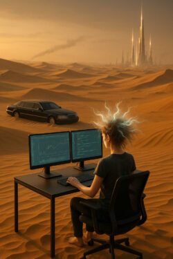 Eine junger Mann sitzt an einem Schreibtisch mitten in der Wüste und starrt auf zwei Monitore voller Daten. ein Haar steht elektrisch auf, als ob Gedankenströme sichtbar werden. Im Hintergrund parkt eine schwarze Limousine, und eine ferne Stadt glitzert.