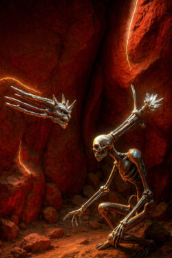 Zwei kniende Skelette stehen sich in einer rötlich leuchtenden Höhle gegenüber. Aus dem Rücken des rechten Skeletts wächst eine spitze Blume, während vor ihm ein drachenartiger Schädel schwebt.