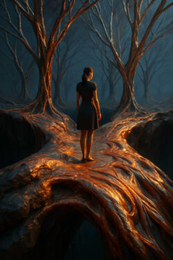 Eine Frau steht an einer Kreuzung aus verschlungenen, baumartigen Wurzeln in einer düsteren Landschaft. Die kahlen Bäume ragen in den Himmel, und der Boden scheint in tiefe Abgründe zu führen. Die Szene strahlt eine Atmosphäre von Schicksal und Entscheidung aus.