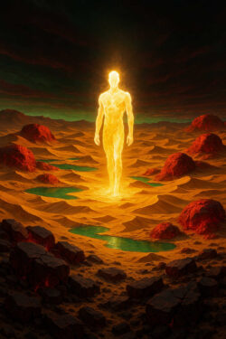 Ein gleißender Mensch aus Licht steht in einer Wüste, seine Füße lassen den Sand erstrahlen. Grüne Oasen liegen verstreut um ihn herum, als ob er Leben in die Einöde bringt.