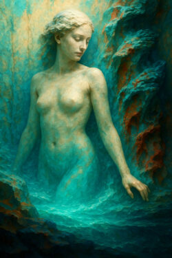 Eine marmorne Frauengestalt erhebt sich aus türkisfarbenem Wasser, umgeben von organisch wirkenden Felsen. Ihr Blick ist gesenkt, ihr Ausdruck sanft und melancholisch. Das Bild wirkt wie eine Mischung aus Gemälde und Skulptur.