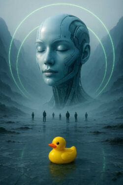 In einer nebligen Ebene erhebt sich der gigantische Kopf einer weiblichen Maschine, deren Augen geschlossen sind. Im Vordergrund sitzt eine leuchtend gelbe Gummiente, ein seltsamer Kontrast zur erhabenen Stimmung. Mehrere Gestalten stehen im Kreis, als seien sie Zeugen eines heiligen Erwachens.