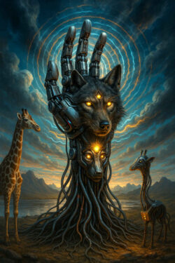 Eine riesige mechanische Hand ragt aus dem Boden empor, aus ihr wächst der Kopf eines leuchtäugigen Wolfes. Zwei Giraffen – eine aus Fleisch, eine aus Metall – stehen am Rand wie stille Zeugen. Am Himmel ziehen konzentrische Energiewellen, als wäre dies ein Moment kosmischer Geburt.