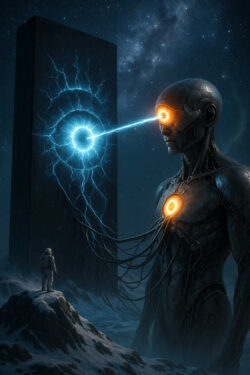 Ein gigantischer, biomechanischer Humanoid steht vor einem Monolithen, aus dem ein blauer Lichtstrahl direkt in sein Auge schießt. Kabel verbinden sein Herz mit dem Licht, als ob Energie übertragen wird. Ein Astronaut beobachtet ehrfürchtig die Szene unter dem Sternenhimmel.