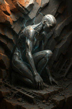 Eine humanoide Gestalt aus metallisch glänzendem Gestein kniet in einer Felsspalte. Feine blaue Energieadern ziehen sich über ihren Körper, als würde sie gerade aktiviert oder zum Leben erweckt.