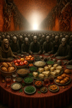 Ein endloser Tisch ist gedeckt mit Brot, Obst und Schüsseln voller Speisen, doch die Gäste sind nur skelettartige Gestalten. Die Wände bestehen aus ineinander verschlungenen Körpern, die sich bis zur Decke winden. Das ferne Licht am Ende des Raumes wirkt wie das Versprechen einer Erlösung.