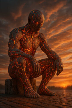 Ein gigantischer humanoider Körper aus glühender, rissiger Lava sitzt nachdenklich auf einem Steinblock. Seine Augen leuchten, während der Himmel in warmen Orangetönen erstrahlt. Die Szene wirkt still, als würde die Figur über die Welt wachen.