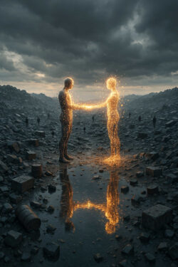 Zwei glühende Gestalten stehen einander auf einem von Trümmern übersäten Feld gegenüber und berühren sich sanft. Funken fliegen, als ob ihre Energie verschmilzt. Die Szene spiegelt sich in einer Pfütze, während ein dunkler Himmel drohend über ihnen hängt.