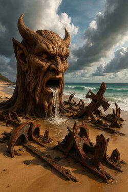 Eine gewaltige Teufelsstatue aus verkrustetem Holz steht am Strand, Wasser strömt aus ihrem geöffneten Mund in die Brandung. Rostige Ankerreste liegen im Sand verstreut, wie Opfer vergangener Schiffbrüche. Über der Szene hängen schwere Wolken, die dem Bild eine düstere, mythische Stimmung verleihen.