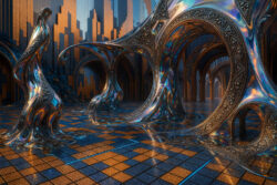 Eine surreale Halle aus schimmerndem Metall und Mosaikfliesen, in der sich organisch wirkende, fließende Strukturen wie Skulpturen erheben. Die Architektur wirkt sakral und zugleich außerirdisch, als ob sie aus einem Traum geboren wäre. Spiegelungen und irisierende Farben erzeugen eine fast spirituelle Atmosphäre.