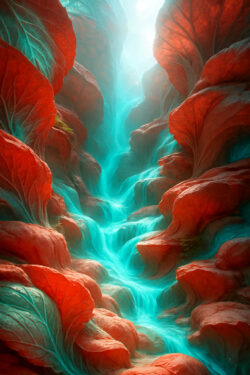 Ein leuchtend türkisfarbener Wasserfall ergießt sich durch eine enge Schlucht aus rötlichen, blattähnlichen Felsen. Das Licht von oben lässt die Szene fast irreal wirken, wie ein Tor zu einer anderen Welt. Das Zusammenspiel aus kühlem Blau und warmem Rot erzeugt eine magische, lebendige Atmosphäre.