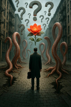 Ein Mann im Mantel steht auf einer zerstörten Straße, umgeben von gigantischen, wurzelartigen Tentakeln. Über ihm schweben große Fragezeichen, während eine riesige rote Blume in der Luft zu leuchten scheint. Die Atmosphäre wirkt geheimnisvoll und philosophisch zugleich.