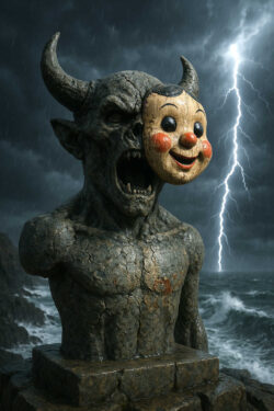 Eine einarmige dämonische Steinbüste steht am Meer, von Regen und Sturm umtost. An ihrem Gesicht hängt eine fröhliche Holzmaske, die den Kontrast zwischen Grauen und Komik betont. Im Hintergrund erhellt ein Blitz den dunklen Himmel, als würde er die Dramatik der Szene unterstreichen.