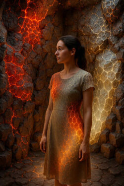 Eine Frau steht in einem Raum aus Fels, der von roten und goldenen Linien durchzogen ist. Die Lichtmuster setzen sich auf ihrem Kleid fort und verbinden sie mit ihrer Umgebung. Das Bild wirkt wie eine stille Initiation oder ein Moment der Erkenntnis.