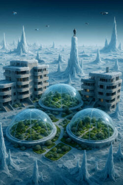 In einer vereisten Welt stehen mehrere Glaskuppeln, die üppiges, grünes Leben enthalten. Zwischen ihnen verbinden sich verschneite Wege, während im Hintergrund zwei Gebäude von Frost überzogen sind. Eine einzelne Figur steht auf einem hohen Eisturm und überblickt die Landschaft.