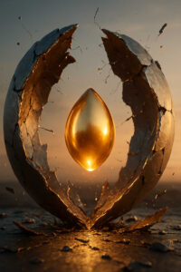 Ein goldenes Ei schwebt frei in der Luft, während die gesprungene Schale dramatisch auseinanderbricht. Licht und Staubpartikel füllen die Szene und lassen sie wie einen kosmischen Urknall wirken. Der Augenblick wirkt feierlich, als ob eine neue Welt geboren wird.