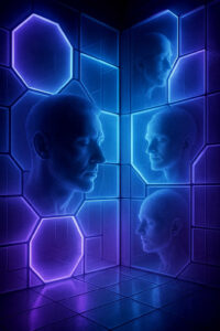 Mehrere menschliche Gesichter sind in eine Wand aus leuchtenden, blauen und violetten Paneelen eingelassen. Die Figuren wirken introspektiv, als ob sie in tiefer Meditation verweilen. Die geometrische Umgebung verstärkt die surreale Stimmung.