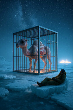 Auf einer endlosen Eisfläche liegt ein Mann und blickt auf ein haarloses, skelettartiges Kamel, das in einem Käfig steht. Das kalte Licht der Sterne verstärkt die melancholische und surreale Atmosphäre. In der Ferne glüht eine geheimnisvolle Lichtquelle.