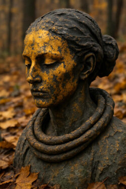 Eine verwitterte Büste einer Frau ragt aus einem Teppich aus Herbstlaub empor. Goldene Farbreste haften noch auf der dunklen Oberfläche und lassen die Skulptur wie ein Relikt aus ferner Zeit erscheinen. Die geschlossenen Augen verleihen der Szene eine meditative Ruhe.