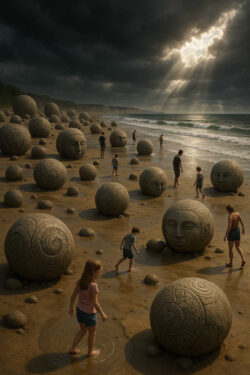 Dutzende riesige Steinkugeln mit eingemeißelten Gesichtern liegen an einem Strand. Kinder und Erwachsene gehen barfuß dazwischen umher. Sonnenstrahlen brechen dramatisch durch die Wolken und beleuchten die geheimnisvolle Szenerie.