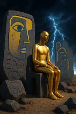 Eine glatte, goldene Figur sitzt auf einem steinernen Thron, umgeben von Felsen mit geometrischen Symbolen. Am Himmel zucken grelle Blitze und erhellen die düstere Landschaft. Das Bild strahlt eine Mischung aus Macht, Erhabenheit und drohender Gefahr aus.