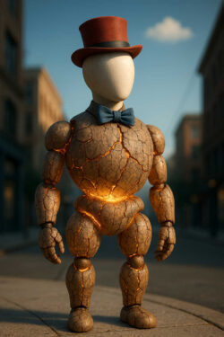 Eine menschenähnliche Figur ohne Gesicht und aus rissigem, leuchtendem Stein steht auf einer leeren Straße. Sie trägt einen roten Zylinder und eine blaue Fliege, was der Szene eine skurrile Note verleiht. Die aufgehende Sonne wirft warmes Licht auf den stillen, menschenleeren Ort.