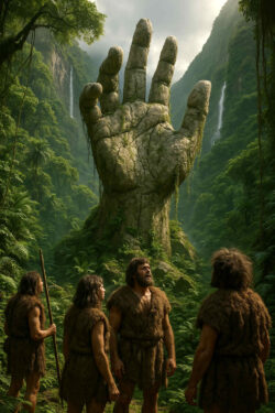 Vier Urmenschen stehen in einem dichten, grünen Urwald und betrachten eine riesige steinerne Hand, die aus dem Boden ragt. Nebel umhüllt den Hintergrund, Wasserfälle stürzen die Felsen hinab. Die Szene wirkt wie die Entdeckung eines uralten Geheimnisses.