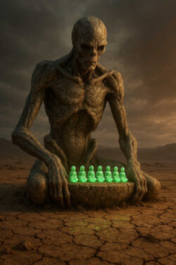 Ein gigantisches, steinernes Wesen kniet auf trockenem Wüstenboden und hält eine Platte mit sieben grün leuchtenden Figuren. Der Himmel ist düster und bedrohlich, als ob ein Sturm bevorsteht. Die Szene wirkt wie ein uraltes Ritual, eingefroren in der Zeit.