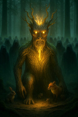 Eine riesige Baumgestalt mit leuchtenden Augen kniet auf dem Waldboden, umgeben von Kaninchen, Füchsen und kleinen Waldwesen. Im Hintergrund stehen schattenhafte, vermummte Gestalten zwischen den Bäumen. Das warme Licht der Baumkreatur kontrastiert die düstere Umgebung.