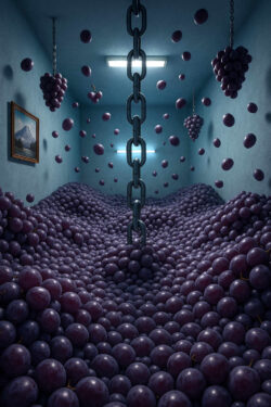 Ein fensterloser Raum ist gefüllt mit Tausenden schwebender und liegender Trauben, die wie eine Welle den Boden bedecken. Eine schwere Metallkette hängt von der Decke, und ein Gemälde an der Wand zeigt eine Berglandschaft. Das Bild wirkt wie ein Traum voller Symbolik.