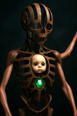 Ein skelettartiges, rostiges Wesen steht in der Dunkelheit, sein Brustkorb ist wie ein Käfig geformt. In der Mitte sitzt ein Puppenkopf mit großen Augen, unter ihm glüht ein grüner Edelstein in Herzform. Die unheimliche Kombination wirkt wie eine düstere Allegorie auf Geburt und Tod.