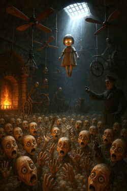 Eine unheimliche Halle voller entsetzter, kahlköpfiger Figuren blickt hinauf zu einem schwebenden, glühäugigen Kind. Im Hintergrund drehen sich bizarre Foltergeräte, ein Feuer lodert in einem Ofen. Die Szene wirkt wie ein Albtraum aus einer Hölle der Maschinen.