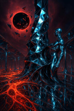 Eine futuristisch glänzende Gestalt steht in einer spiegelnden Halle aus metallisch-blauen Strukturen. Über ihr schwebt eine zerberstende schwarze Sonne, deren Fragmente in der Luft schweben. Glühend rote Lavaadern durchziehen den Boden.