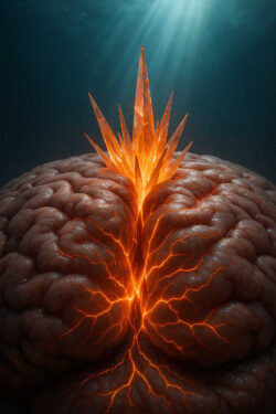 Aus der Oberfläche eines gigantischen Gehirns bricht ein spitzer, orange leuchtender Kristall hervor. Feine, glühende Risse ziehen sich wie Blitze über die Gehirnwindungen. Durch das Wasser dringt weiches Licht, das die Szene mystisch erscheinen lässt.