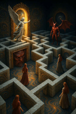 Mehrere Frauen in roten Kleidern wandern durch ein steinernes Labyrinth. Ein Engel weist den Weg zu einem leuchtenden Tor, während ein Dämon mit Flügeln den anderen Ausgang blockiert. Das Bild symbolisiert Entscheidung und Schicksal.