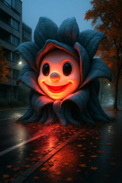 Auf einer regennassen Straße sitzt eine riesige Blume mit einem fröhlich lächelnden Gesicht, das warm von innen leuchtet. Herbstlaub liegt verstreut auf dem Asphalt, die Straßenlaternen werfen schwaches Licht. Die Szene ist zugleich märchenhaft und unheimlich, als ob die Blume die Dunkelheit der Nacht vertreibt.
