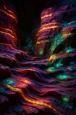 Eine Felslandschaft glüht in Violett, Türkis und Gold, als wären magische Minerale in die Wände eingewoben. Die gestuften Formationen wirken wie ein Pfad hinauf in die Dunkelheit. Das Licht scheint aus der Erde selbst zu kommen, mystisch und verlockend.