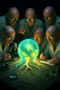 Sechs identische Wissenschaftler beugen sich über einen pulsierenden, leuchtenden Organismus, der wie ein Wurzelnetz auf dem Tisch wächst. Ihre Brillen spiegeln das helle Grünblau des Wesens, während sie mit Nadeln und Stiften arbeiten. Die Szene strahlt eine Mischung aus Ehrfurcht und Gefahr aus.