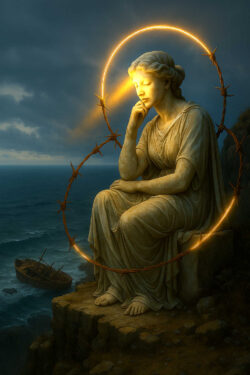 Eine steinerne Frauengestalt sitzt auf einer Klippe am Meer, während ein goldener Lichtkreis aus Stacheldraht ihr Haupt umgibt. Ein Schiffswrack liegt unten in der Brandung, der Himmel ist düster. Das Bild vermittelt Nachdenklichkeit, Verlust und eine leise Hoffnung zugleich.