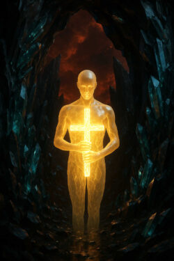 Eine leuchtende, goldene Gestalt steht in einem düsteren Kristallgang und hält ein strahlendes Kreuz fest an sich gedrückt. Die umgebenden Kristalle spiegeln den warmen Glanz wider, während am Ende der Höhle roter Himmel leuchtet. Die Szene wirkt wie ein Moment stiller Offenbarung.