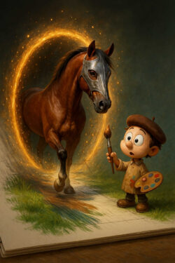 Ein kleiner Junge mit Malerpalette schaut erstaunt, als ein Pferd aus einem Gemälde in die Realität tritt. Ein leuchtender Kreis umgibt das Tier, als würde es aus einem Portal hervortreten. Das Bild strahlt spielerische Fantasie und kindliches Staunen aus.