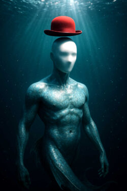 Ein humanoides, fischähnliches Wesen schwebt unter Wasser, sein Gesicht ist glatt und ohne Merkmale. Auf seinem Kopf sitzt ein roter Bowlerhut, der im Lichtstrahl von oben fast surreal wirkt. Die Szene hat eine unheimliche Ruhe, als wäre sie ein Traum oder eine Vision.