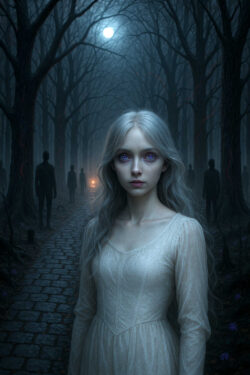 Eine junge Frau mit silbernem Haar und leuchtend violetten Augen steht auf einem Kopfsteinpflasterweg im Wald. Hinter ihr reihen sich stumme, schemenhafte Gestalten in die Tiefe des Mondlichts. Ein fernes Licht scheint sie anzuziehen, doch sie selbst blickt den Betrachter direkt an.