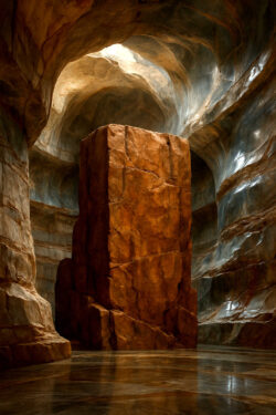 Ein gigantischer, rechteckiger Felsblock steht in der Mitte einer weiten, höhlenartigen Kammer. Das Licht fällt durch eine Öffnung in der Decke und beleuchtet den Block wie eine heilige Statue. Die glänzende Bodenfläche verstärkt den Eindruck einer kultischen Stätte.