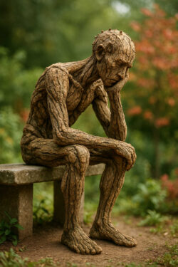 Eine Skulptur aus Holzrinde, geformt wie ein Mensch, sitzt in tiefer Melancholie auf einer Steinbank. Die Haltung erinnert an den Denker von Rodin, nur in organischer, erdverbundener Form. Im Hintergrund leuchten die Blätter sanft in warmen Herbstfarben.